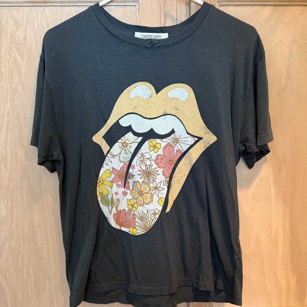 Rolling Stones Daydreamer T for Free People Dark Gray XS Lips Logo Floral Design